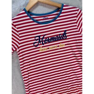 Disney Roxy Girl Red‎ Stripe Mermaids Tee Gold Foil Summer Top Sz 14 XL